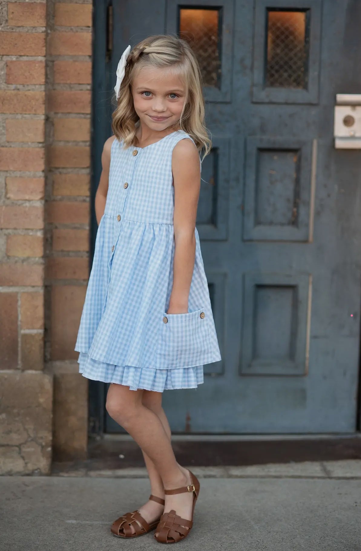 Blue Sky Gingham Pocket Dress - Girls