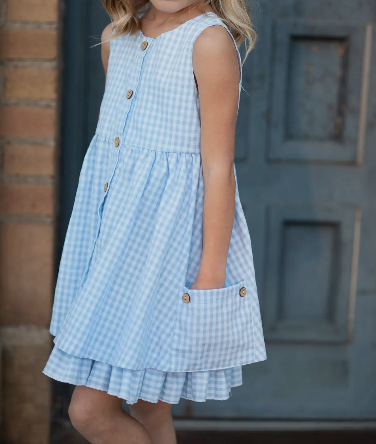 Blue Sky Gingham Pocket Dress - Girls