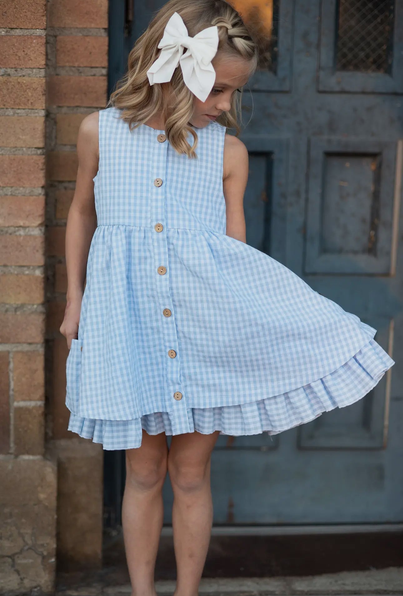 Blue Sky Gingham Pocket Dress - Girls