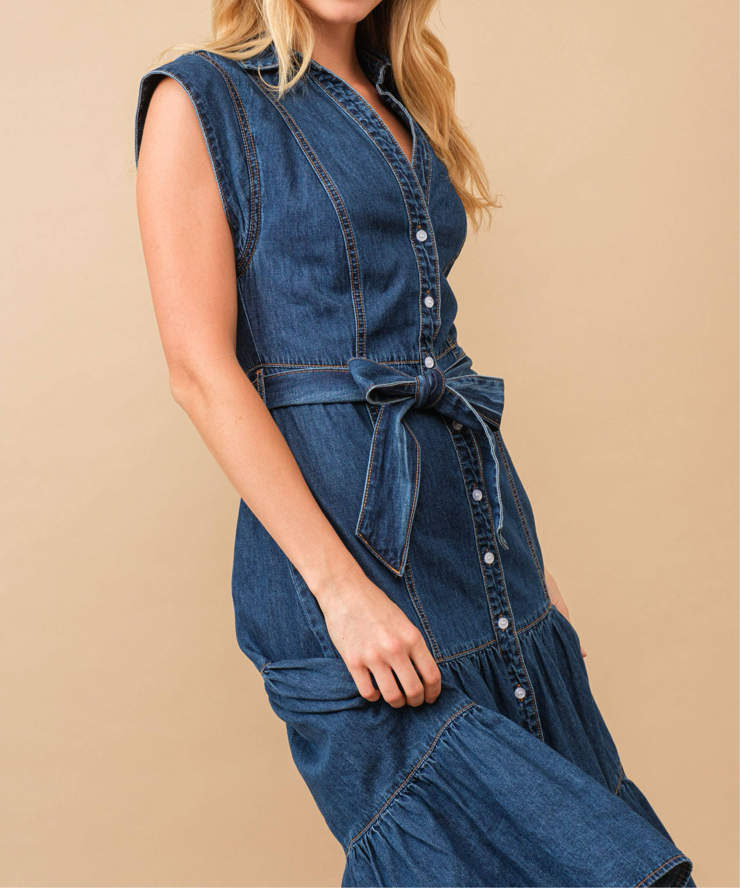 Belted Denim Midi Dress - Women