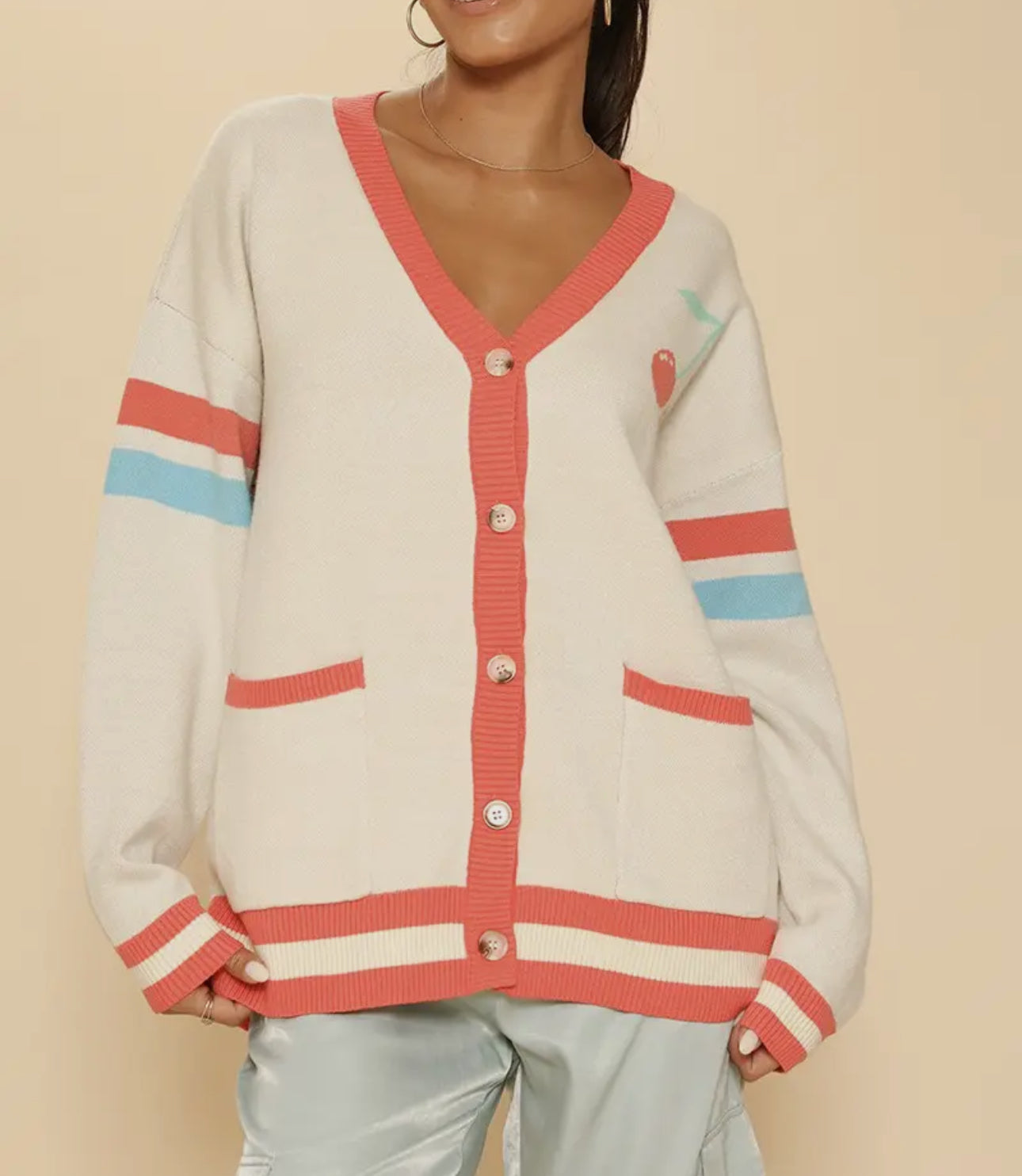 Oversized Varsity Cherry Cardigan - Women