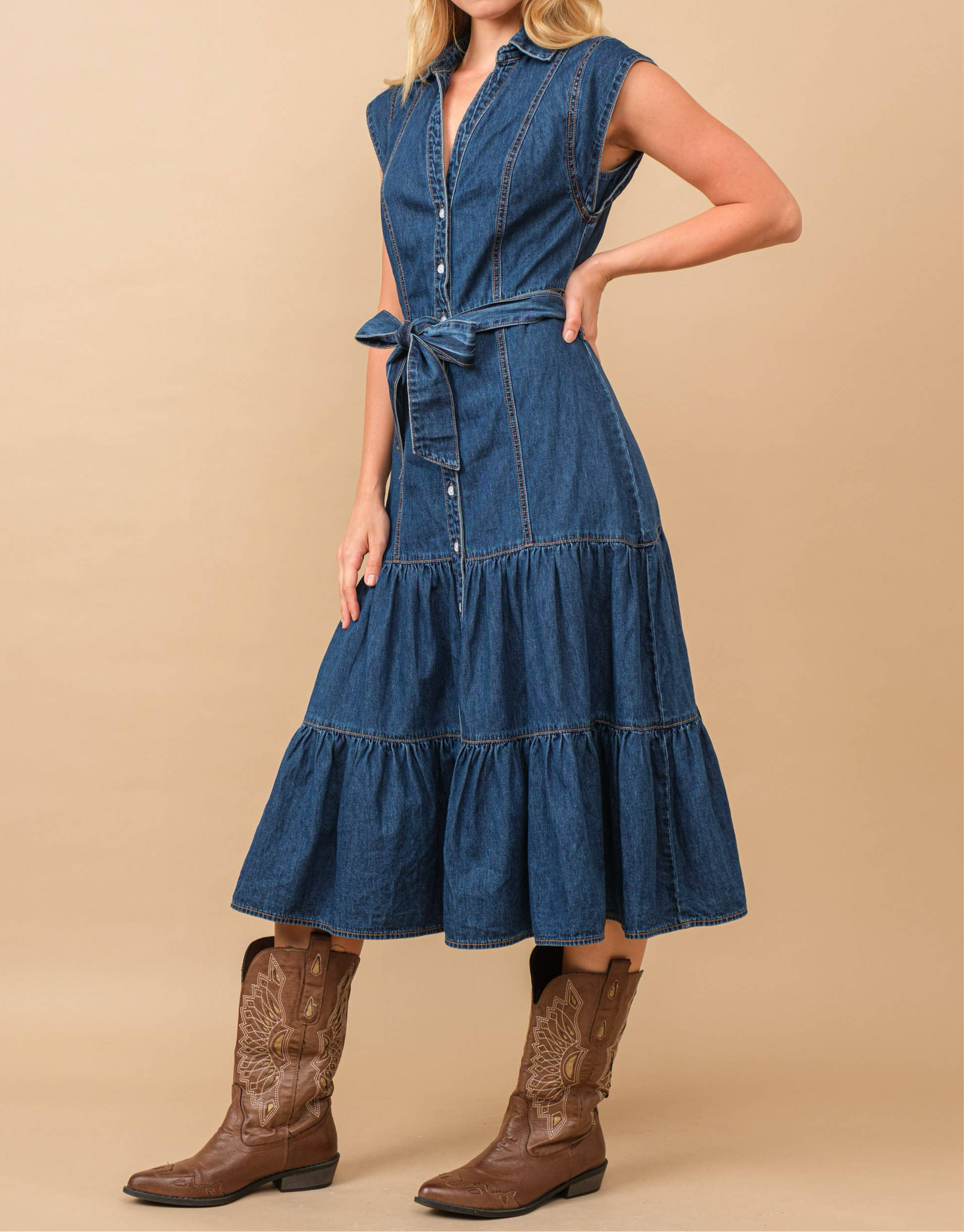 Belted Denim Midi Dress - Women