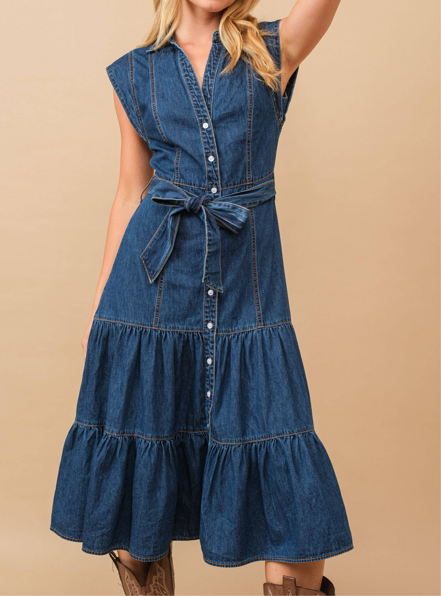 Belted Denim Midi Dress - Women