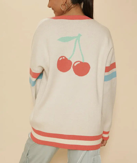 Oversized Varsity Cherry Cardigan - Women