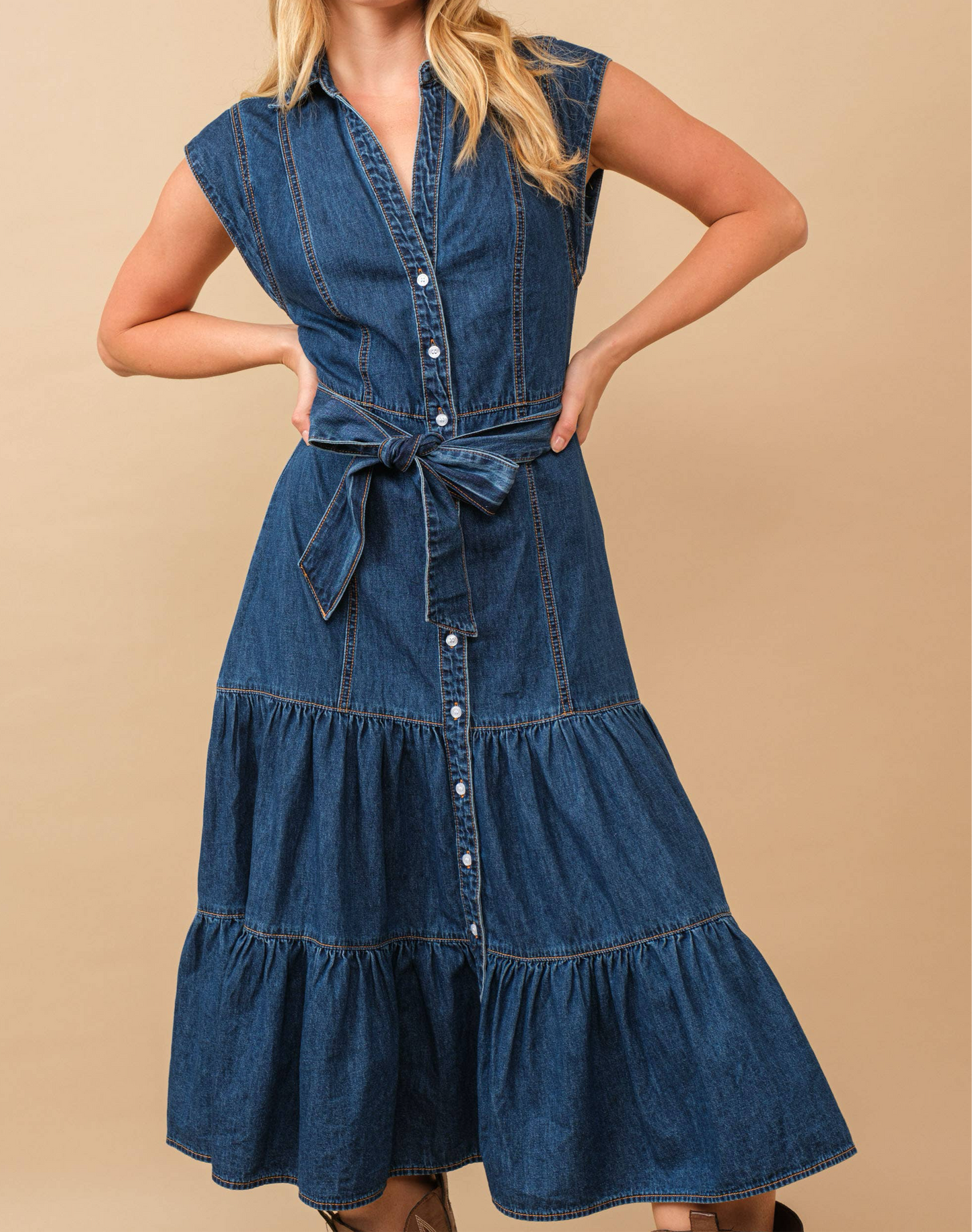 Belted Denim Midi Dress - Women