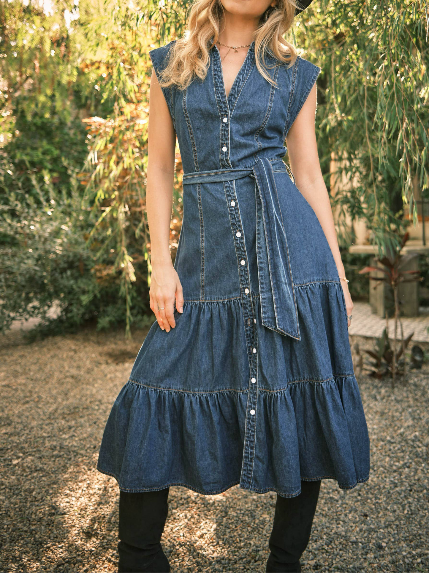 Belted Denim Midi Dress - Women