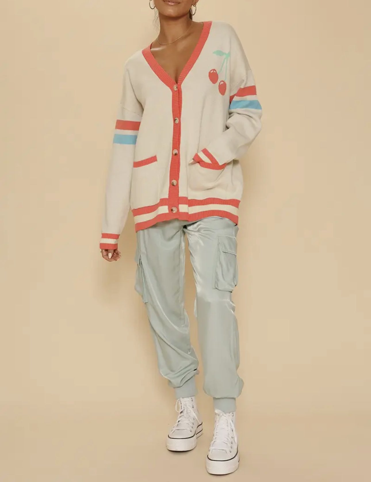 Oversized Varsity Cherry Cardigan - Women