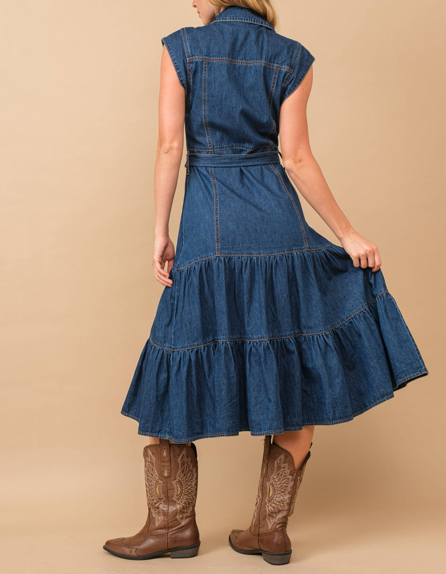 Belted Denim Midi Dress - Women