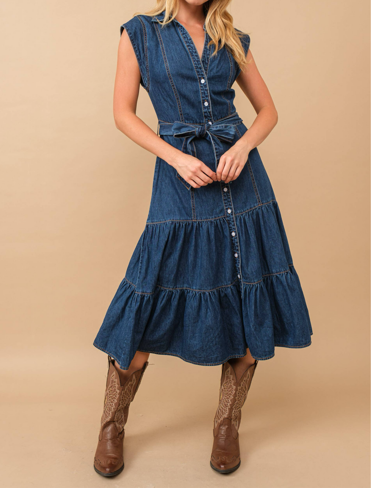 Belted Denim Midi Dress - Women