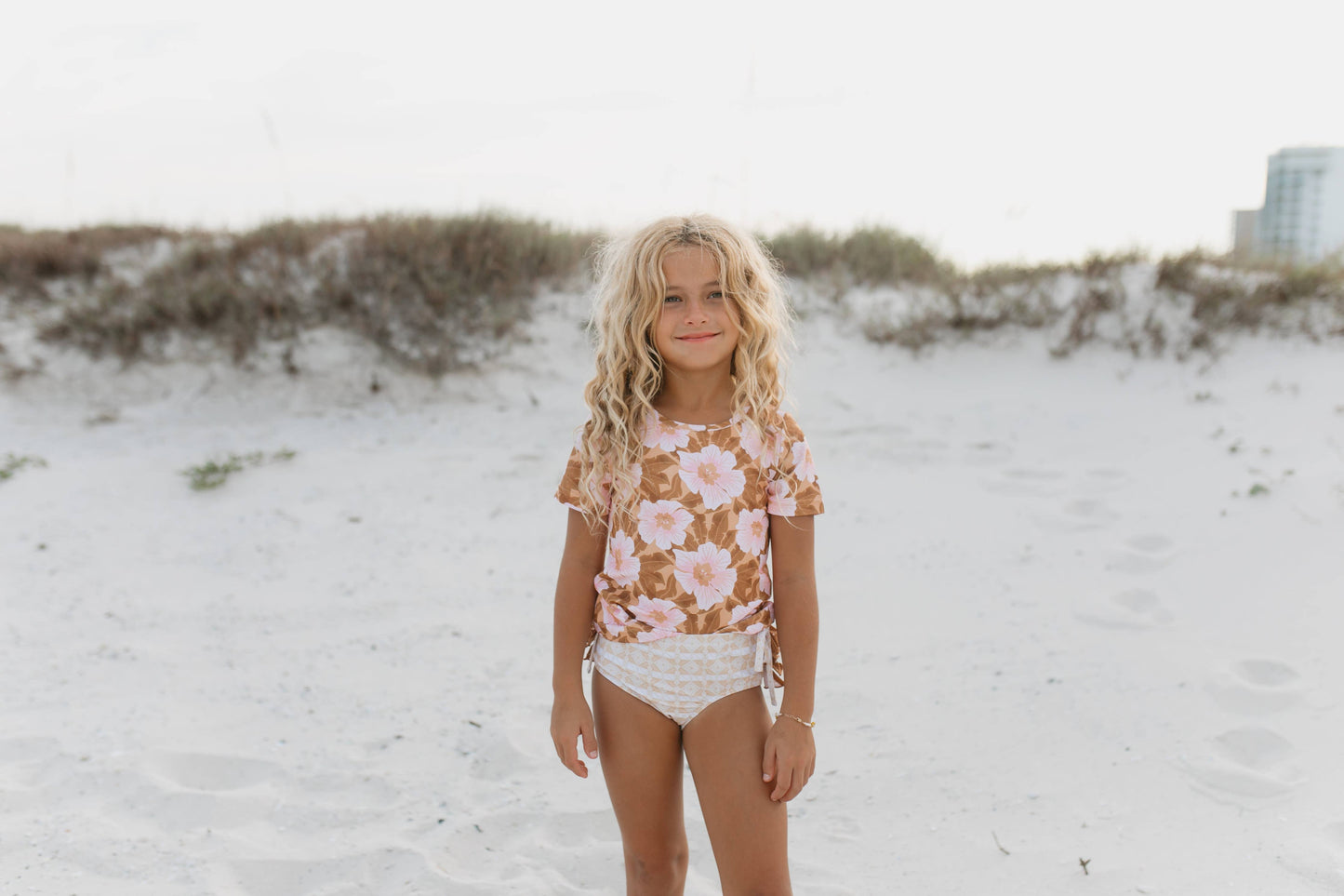 Girls swimwear rash guard floral pink and tan suit European holiday Meredith Blake inspired 